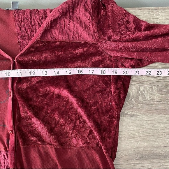 J Jill deep red velvet accents partially sheer button down Top - Picture 11 of 12